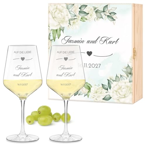 Maverton 2er Weingläser Set mit Gravur in Holzkiste - 490 ml Wein Gläser Set mit Namen und Datum - Hochzeitsgeschenk - personalisierte Geschenke für Paar zur Hochzeit zum Hochzeitstag von Maverton