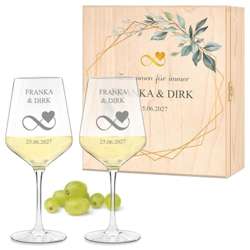 Maverton 2er Weingläser Set mit Gravur in Holzkiste - 490 ml Wein Gläser Set mit Namen und Datum - Hochzeitsgeschenk - personalisierte Geschenke für Paar zur Hochzeit zum Hochzeitstag von Maverton