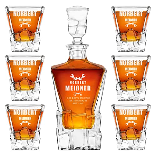 Maverton 950 ml Whiskykaraffe + 2/4 / 6er Whisky Gläser Set mit Gravur - Whiskey Dekanter - luxuriöses Design - Kristallglas - für Männer zum Geburtstag - Werkzeug von Maverton