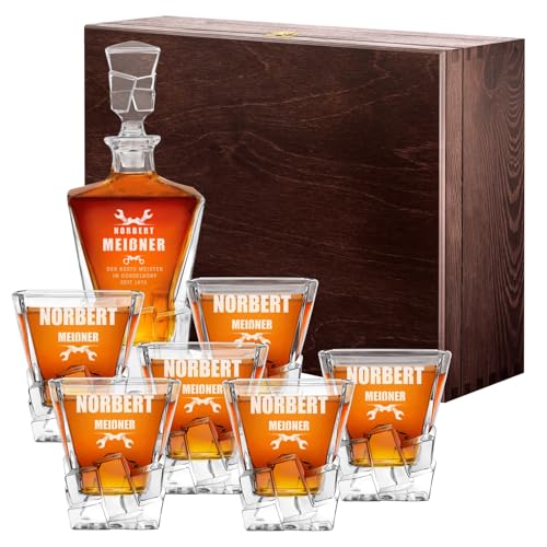 Maverton 950 ml Whiskykaraffe + 2/4 / 6er Whisky Gläser Set mit Gravur - Whiskey Dekanter - luxuriöses Design - Kristallglas - für Männer zum Geburtstag - Werkzeug von Maverton