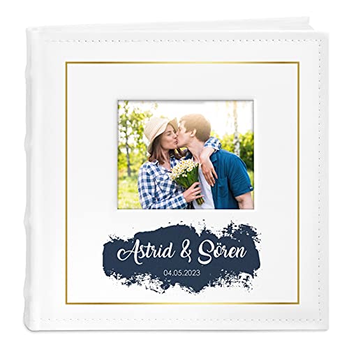 Maverton Einsteckalbum + mit Aufdruck - für 200 Fotos 10x15-100 weiße Seiten - Größe 21x22cm - Weiß - Geschenk für Paare - Hochzeitsgeschenk - Hochzeitstaggeschenke - Bund von Maverton