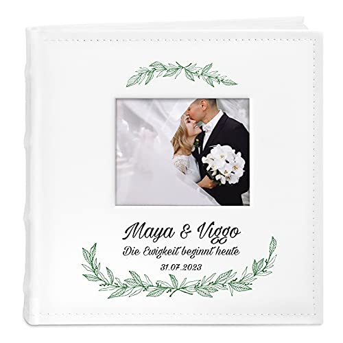 Maverton Einsteckalbum + mit Aufdruck - für 200 Fotos 10x15-100 weiße Seiten - Größe 21x22cm - Weiß - Geschenk für Paare - Hochzeitsgeschenk - Hochzeitstaggeschenke - Weihnachtsgeschenke - Ewigkeit von Maverton