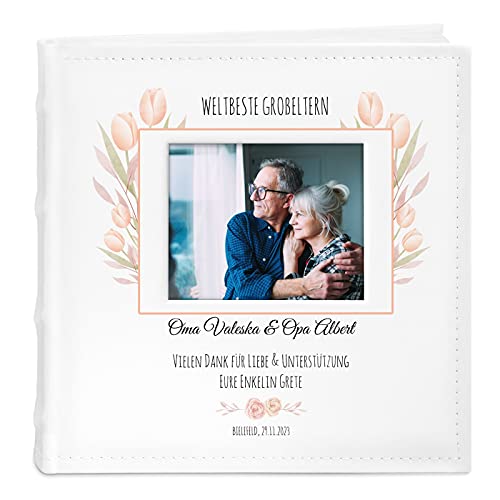 Maverton Einsteckalbum + mit Aufdruck - für 200 Fotos 10x15-100 weiße Seiten - Größe 21x22cm - Weiß - Geschenk für Paare - Hochzeitsgeschenk - Hochzeitstaggeschenke - Tulpen von Maverton