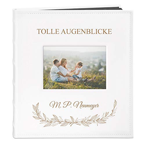 Maverton Fotoalbum zum Selbstgestalten mit Bildausschnitt + mit Gravur - für 240 Fotos im Format 10x15-60 schwarze Seiten Größe 33x30cm - Weiß - Geschenk zur Hochzeit zum Hochzeitstag - Augenblicke - von Maverton