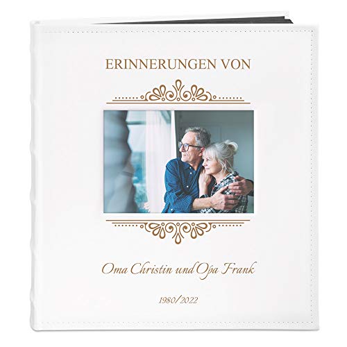 Maverton Fotoalbum zum Selbstgestalten mit Bildausschnitt + mit Gravur - für 240 Fotos im Format 10x15-60 schwarze Seiten - Größe 33x30cm - Weiß - Geschenk zur Hochzeit zum Hochzeitstag - Großeltern von Maverton