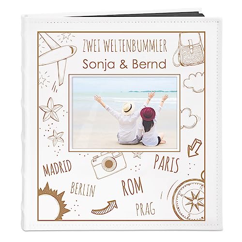 Maverton Fotoalbum zum Selbstgestalten mit Bildausschnitt mit Gravur - für 240 Fotos im Format 10x15-60 schwarze Seiten - Größe 33x30cm Weiß - Geschenk zur Hochzeit zum Hochzeitstag - Weltenbummler von Maverton