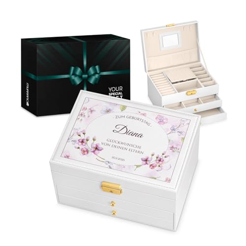 Maverton Schmuckkästchen mit Aufdruck - abschließbare Schmuck Aufbewahrungsbox mit Spiegel & 2 Schubladen - funktionale 3-stöckige Schmuckschatulle für Frauen zum Geburtstag - Weiß - Blumenmotiv Maverton Schmuckkästchen mit Aufdruck - abschließbare Schmuck Aufbewahrungsbox mit Spiegel & 2 Schubladen - funktionale 3-stöckige Schmuckschatulle für Frauen zum Geburtstag - Weiß - Blumenmotiv von Maverton