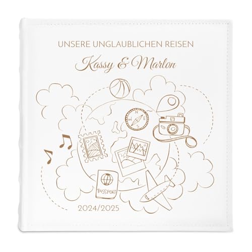 Maverton personalisiertes Einsteckalbum für 500 Fotos - Familienalbum 10x15 cm - weißes Erinnerungsalbum mit Einstecktaschen für Paar zum Hochzeitsjubiläum - 33x33cm - Reisen von Maverton