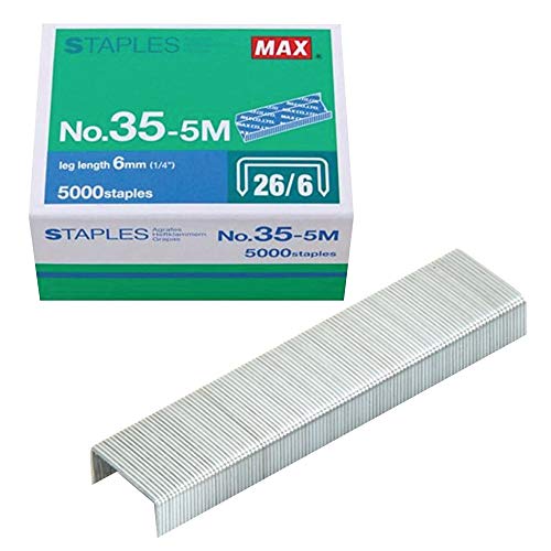 Max 35–5 M Standardklammern für USA; Beinlänge 6 mm, 100 Heftklammern pro Stick, zur Verwendung mit Max HD-50, HD-50R, HD-50F und anderen Standardheftgeräten, 0,6 cm Beinlänge, 1,3 cm Kronenbreite, 5000 Stück von MAX USA CORP.