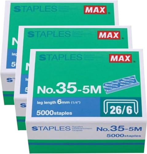 Max 35-5M Standard-Heftklammern für die USA. Beinlänge 6 mm. 3 Boxen mit je 5000 Heftklammern, insgesamt 15000 Heftklammern. 100 Heftklammern/Stick, für uns mit Max HD-50, 0,6 cm Beinlänge. 3 cm C Rown Width von Max