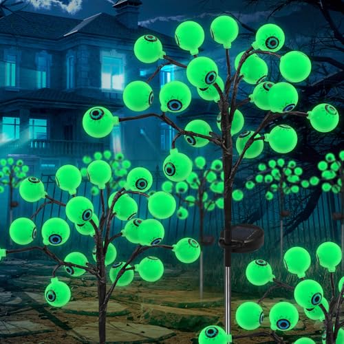 MaxEarn 2 Stück Halloween Deko Solarlampen, 20 LED Grüner Augapfel Gartenlichter, Solar Glühwürmchen Lichter, Halloween Grusel Partyzubehör Solarleuchten für den Innen- und Außen, Hof, Gehwege, Hof von MaxEarn