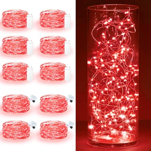 Maxee 10 Stück 1M Rot LED Lichterkette Batterie, Wasserdicht für DIY, Party, Stimmung Lichter, Weihnachtsdeko, Innen- und Außenbereich Deko, 4 Stück Quadratische + 6 Stück Flache Lichterkette von Maxee