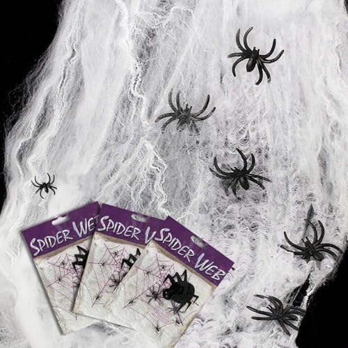 Maxee 120g Spinnennetz Halloween Deko, Spinnweben mit 30 Schwarz Spinnen, Realistische Scary Horror Spider Web für Innen Outdoor Halloween Dekoration & Partyzubehör, Garten, Spukhaus - Weiß von Maxee