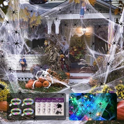 Maxee 120g Spinnennetz Halloween Dekoration, Spinngeweben mit 3 * 3m Bunte LED Lichterketten und 40 Spinnen, Dehnbare Realistische Spinne Baumwolle Packs für Innen Outdoor Wand Halloween Deko von Maxee