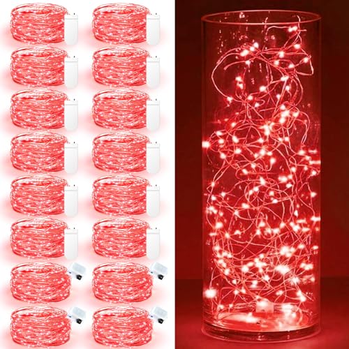 Maxee 16 Stück 1M Rot LED Lichterkette Batterie, Wasserdicht für DIY, Party, Stimmung Lichter, Weihnachtsdeko, Innen- und Außenbereich Deko, 4 Stück Quadratische + 12 Stück Flache Lichterkette von Maxee