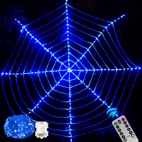 Maxee 184 LED Halloween Spinnennetz Lichter Deko, 3,6 m Riesige Runde Netzlicht Lichterkette mit Fernbedienung (8 Modi & Timer), Lichternetz Dekoration für Fenster Garten Drinnen Außen - Blau von Maxee