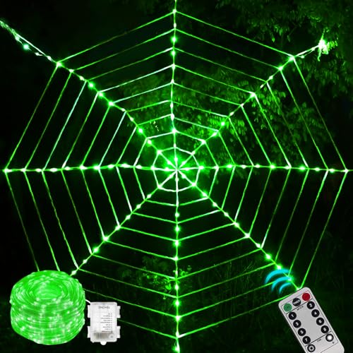 Maxee 184 LED Halloween Spinnennetz Lichter Deko, 3,6 m Riesige Runde Netzlicht Lichterkette mit Fernbedienung (8 Modi & Timer), Lichternetz Dekoration für Fenster Garten Drinnen Außen - Grün von Maxee