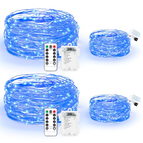 Maxee 2 Stück 10M + 2 Stück 3M LED Lichterkette Batterie, 8 Modi Fernbedienung mit Timer Lichterkette, IP65 Wasserdichte, Außen Lichterkette Draht für Weihnachten Innen Aussen Deko, Blau von Maxee