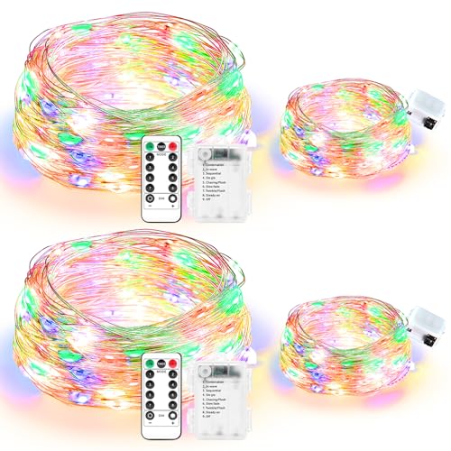 Maxee 2 Stück 10M + 2 Stück 3M LED Lichterkette Batterie, 8 Modi Fernbedienung mit Timer Lichterkette, IP65 Wasserdichte, Außen Lichterkette Draht für Weihnachten Innen Aussen Deko, Farbig von Maxee