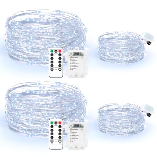 Maxee 2 Stück 10M + 2 Stück 3M LED Lichterkette Batterie, 8 Modi Fernbedienung mit Timer Lichterkette, IP65 Wasserdichte, Außen Lichterkette Draht für Weihnachten Innen Aussen Deko, Karme Farben von Maxee