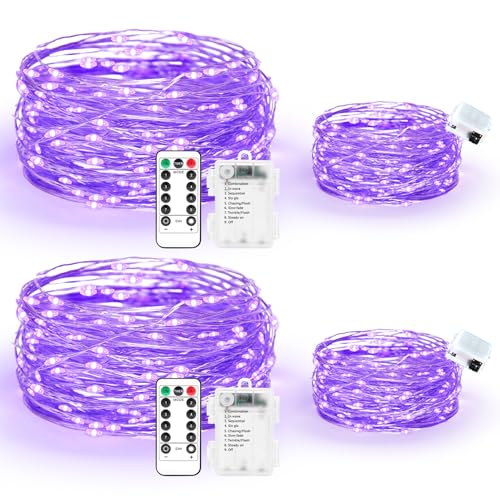 Maxee 2 Stück 10M + 2 Stück 3M LED Lichterkette Batterie, 8 Modi Fernbedienung mit Timer Lichterkette, IP65 Wasserdichte, Außen Lichterkette Draht für Weihnachten Innen Aussen Deko, Lila-1 von Maxee