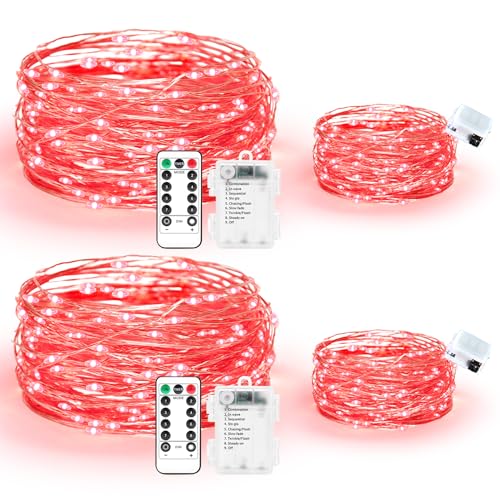 Maxee 2 Stück 10M + 2 Stück 3M LED Lichterkette Batterie, 8 Modi Fernbedienung mit Timer Lichterkette, IP65 Wasserdichte, Außen Lichterkette Draht für Weihnachten Innen Aussen Deko, Rot-1 von Maxee