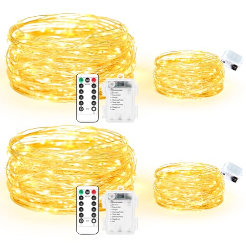 Maxee 2 Stück 20M + 2 Stück 3M LED Lichterkette Batterie, 8 Modi Fernbedienung mit Timer Lichterkette, IP65 Wasserdichte, Außen Lichterkette Draht für Weihnachten Innen Aussen Deko, Warme von Maxee