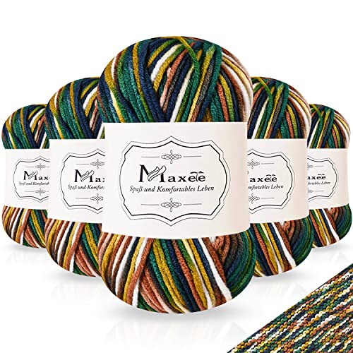 Maxee Handstrickgarn, 5x50 g Häkelgarn, Bunt Farbverlauf Acrylgarn zum Stricken, Weicher Wolle zum Häkeln, Mehrfarbiges Garn zum Stricken Häkeln und Basteln von Maxee