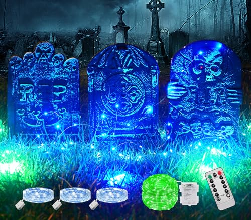 Maxee 3 Stück Halloween Glühendes Grabsteine Schaumstoff Dekoration Set, RIP Friedhof mit 1 grünen Fernbedienungslicht(8 Lichtmodi), 3 blauen Lichtern (3 Modi) für die Party zu Hause auf dem Rasen von Maxee