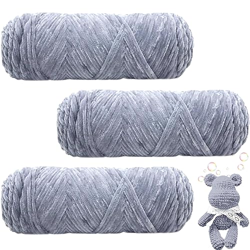 Maxee 300g(3×100g) Samtig Babywolle, Samt Velvet Wolle Chenille Garn, Kuschelweich Chenillegarn, Flauschige Weich Plüschwolle, Häkelgarn Wolle Zum Stricken & Häkeln (Hellgrau 2) von Maxee