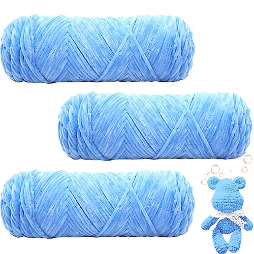 Maxee 300g(3×100g) Samtig Babywolle, Samt Velvet Wolle Chenille Garn, Kuschelweich Chenillegarn, Flauschige Weich Plüschwolle, Häkelgarn Wolle Zum Stricken & Häkeln (Himmelblau) von Maxee