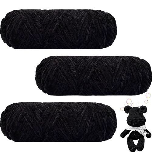 Maxee 300g(3×100g) Samtig Babywolle, Samt Velvet Wolle Chenille Garn, Kuschelweich Chenillegarn, Flauschige Weich Plüschwolle, Häkelgarn Wolle Zum Stricken & Häkeln - 08 Schwarz von Maxee