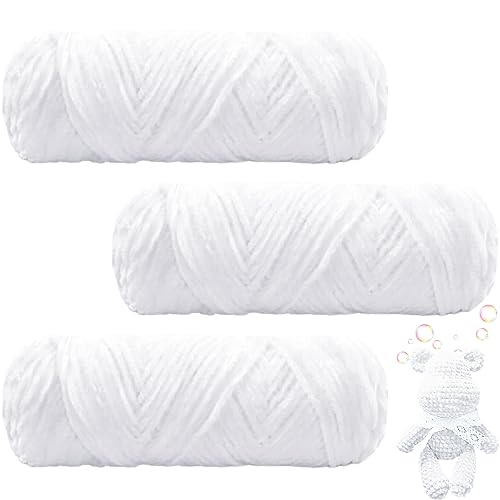 Maxee 300g(3×100g) Samtig Babywolle, Samt Velvet Wolle Chenille Garn, Kuschelweich Chenillegarn, Flauschige Weich Plüschwolle, Häkelgarn Wolle Zum Stricken & Häkeln- Weiß-N von Maxee