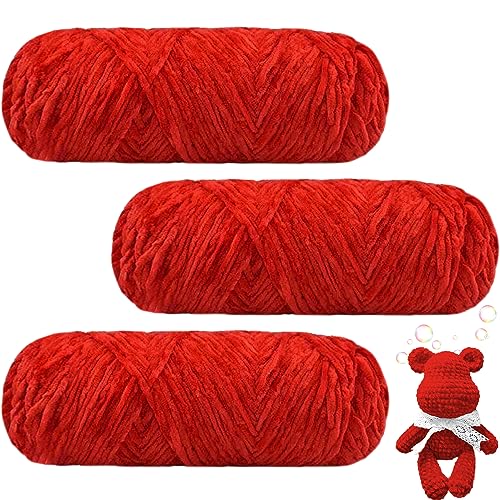 Maxee 300g(3×100g) Samtig Babywolle, Samt Velvet Wolle Chenille Garn, Kuschelweich Chenillegarn, Flauschige Weich Plüschwolle, Häkelgarn Wolle Zum Stricken & Häkeln-09 Rot von Maxee