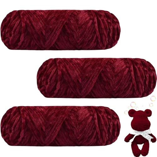 Maxee 300g(3×100g) Samtig Babywolle, Samt Velvet Wolle Chenille Garn, Kuschelweich Chenillegarn, Flauschige Weich Plüschwolle, Häkelgarn Wolle Zum Stricken & Häkeln-12 Weinrot von Maxee