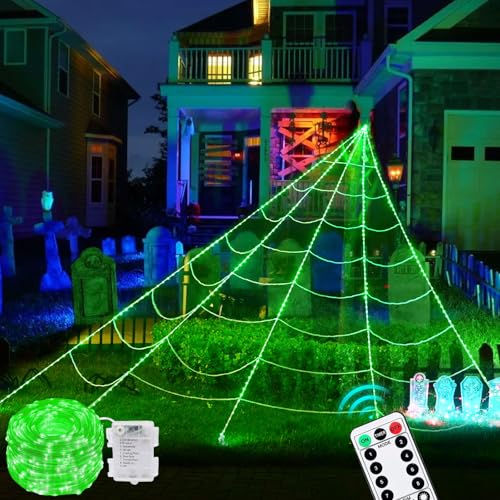 Maxee 390 LED Halloween Spinnennetz Lichter Deko, 5m Riesen Lichternetz mit 26m Lichterkette & Fernbedienung (8 Lichtmodi &Timer), Netz Lichter Dekoration für Garten Innen Außen - Grün von Maxee