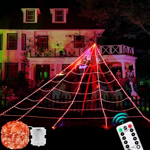 Maxee 390 LED Halloween Spinnennetz Lichter Deko, 5m Riesen Lichternetz mit 26m Lichterkette & Fernbedienung (8 Lichtmodi &Timer), Netz Lichter Dekoration für Garten Innen Außen - Rot von Maxee