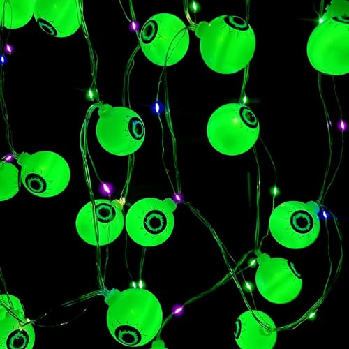 Maxee 3M 20LEDs Halloween Eyeball String Lights w/Extra 3M Colourful String Lights, Halloween Dekorationen Lichter, Halloween Indoor und Outdoor Dekoration, Halloween Party Dekoration, Grün von Maxee