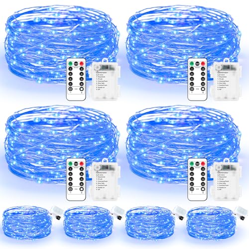 Maxee 4 Stück 10M + 4 Stück 3M LED Lichterkette Batterie, 8 Modi Fernbedienung mit Timer Lichterkette, IP65 Wasserdichte, Außen Lichterkette Draht für Weihnachten Innen Aussen Deko, Blau von Maxee