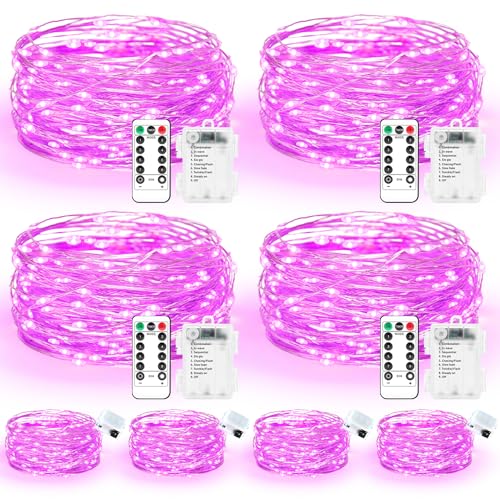 Maxee 4 Stück 10M + 4 Stück 3M LED Lichterkette Batterie, 8 Modi Fernbedienung, Timer Lichterkette, IP65 Wasserdichte, Außen Lichterkette Draht für Weihnachten Innen Aussen Deko, Rosa von Maxee