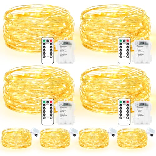 Maxee 4 Stück 10M + 4 Stück 3M LED Lichterkette Batterie, 8 Modi Fernbedienung mit Timer Lichterkette, IP65 Wasserdichte, Außen Lichterkette Draht für Weihnachten Innen Aussen Deko, Warme Farben von Maxee