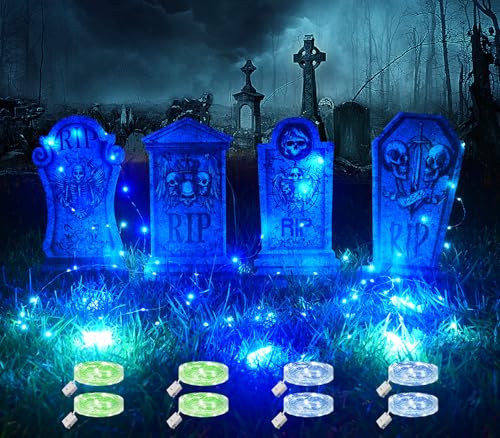 Maxee 4 Stück 42cm Halloween Glühendes Grabsteine Deko mit 8 Stück 3 Meter Lichterkette, Wasserdichtes Grabstein Schilde, Dekoration Set für Rasenhof Hinterhof Friedhof Zombie Party Grün Blau von Maxee