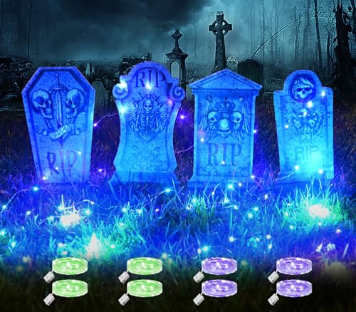 Maxee 4 Stück Halloween Glühendes Grabsteine Deko mit 8 Stück 3 Meter Lichterkette, Wasserdichtes Grabstein Schilde, Dekoration Set für Rasenhof Hinterhof Haunted Friedhof Zombie Party-Grün Violett von Maxee