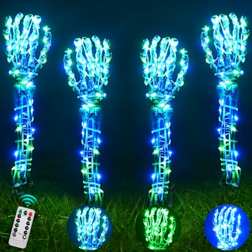 Maxee 4 Stück Halloween Glühendes Skeleton Hände Arm Dekoration,10M LED Fernsteuerung Lichterkette und 2pcs 3M LED Licht, Außen Skelett Hand Deko für Innen Garten Rasen Friedhof Horror Party von Maxee