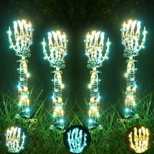 Maxee 4 Stück Halloween Leuchtendes Skeleton Hände Arm Deko, Skelett Hand Set mit 8 Stück 3M LED Lichterkette, Dekoration für Innen Außen Garten Rasen Friedhof Dekorations Horror Pary Grün Gelb von Maxee