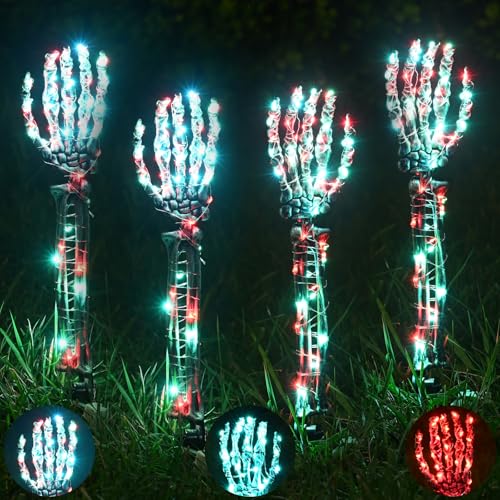 Maxee 4 Stück Halloween Leuchtendes Skeleton Hände Arm Deko, Skelett Hand Set mit 8 Stück 3M LED Lichterkette, Dekoration für Innen Außen Garten Rasen Friedhof Dekorations Horror Pary-Grün Rot von Maxee