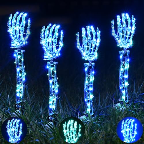 Maxee 4 Stück Halloween Leuchtendes Skeleton Hände Arm Deko, Skelett Hand Set mit 8 Stück 3M LED Lichterkette, Dekoration für Innen Außen Garten Rasen Friedhof Dekorations Horror Pary Grün blau von Maxee