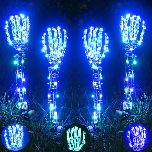 Maxee 4 Stück Halloween Leuchtendes Skeleton Hände Arm Deko, Skelett Hand Set mit 8 Stück 3M LED Lichterkette, Dekoration für Innen Außen Garten Rasen Friedhof Dekorations Horror Pary grün lila von Maxee