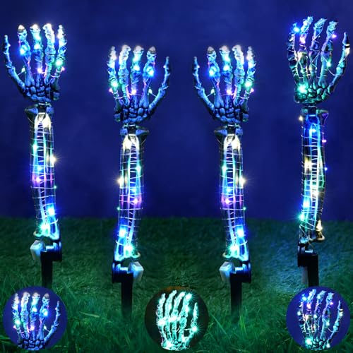 Maxee 4 Stück Halloween Leuchtendes Skeleton Hände Arm Deko, Skelett Hand Set mit 8 Stück 3M LED Lichterkette, Dekoration für Innen Außen Garten Rasen Friedhof Dekorations Horror Pary- von Maxee