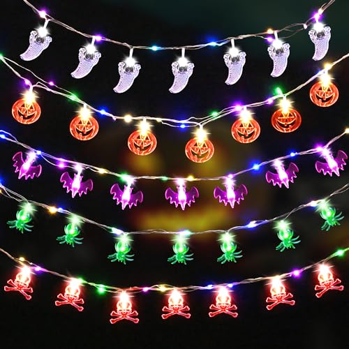 Maxee 5 Stück Halloween Lichterkette, Extra mit 5 Stück 2 Meter Bunte Lichterketten, 1.5 Meter 10LEDs Kürbis, Weißer Geist, Fledermaus, Spinne, Skelett, Halloween Party Dekoration Drinnen Draußen von Maxee